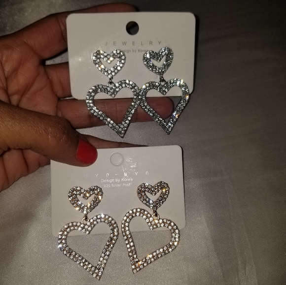 Rhinestone Heart Drop Earrings Statement Earrings Gold or Silver - Picture 13 of 13